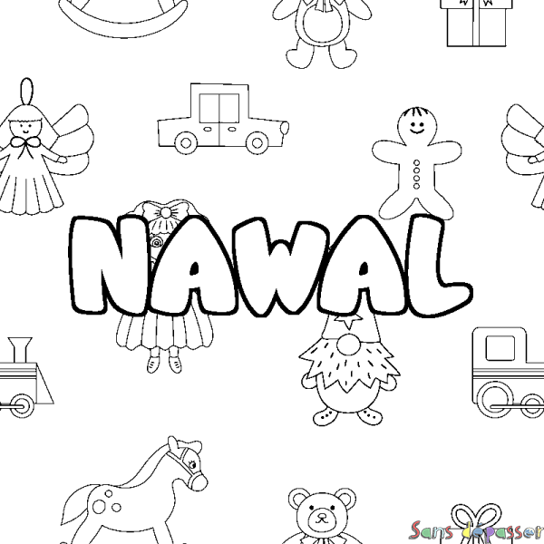 Coloriage pr&eacute;nom NAWAL - d&eacute;cor Jouets