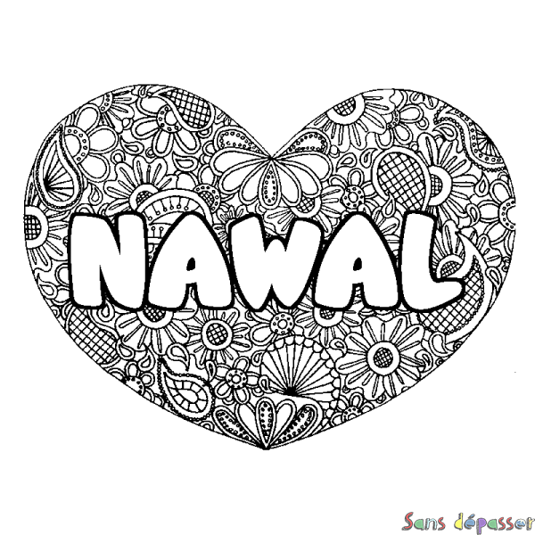 Coloriage prénom NAWAL - d&eacute;cor Mandala coeur