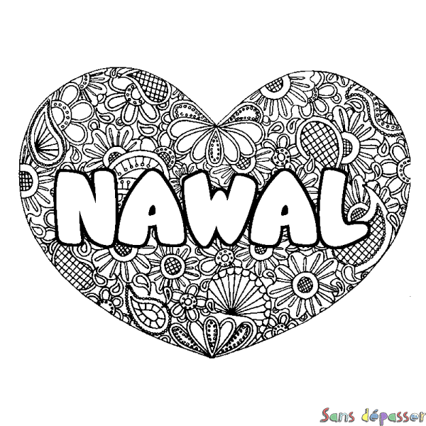 Coloriage pr&eacute;nom NAWAL - d&eacute;cor Mandala coeur