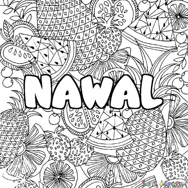 Coloriage pr&eacute;nom NAWAL - d&eacute;cor Mandala fruits
