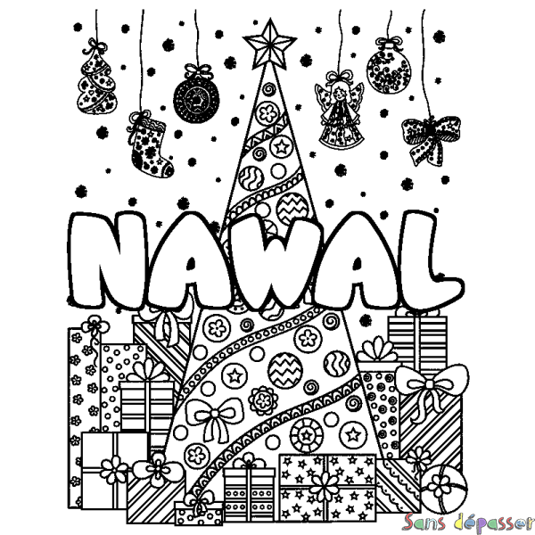 Coloriage prénom NAWAL - d&eacute;cor Sapin et Cadeaux