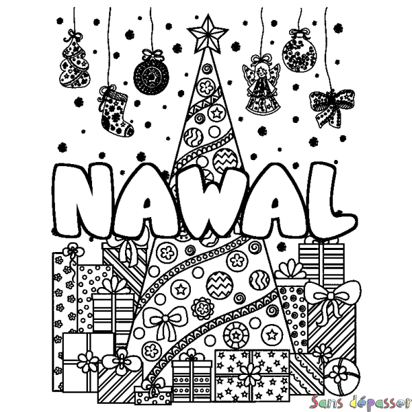 Coloriage pr&eacute;nom NAWAL - d&eacute;cor Sapin et Cadeaux