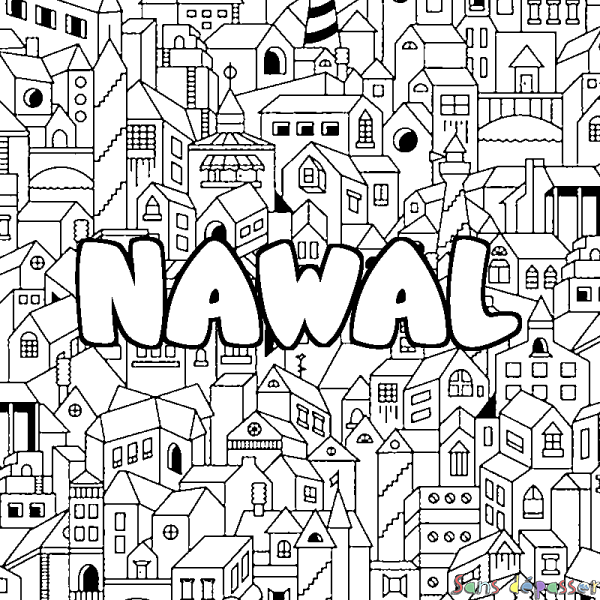 Coloriage prénom NAWAL - d&eacute;cor Ville
