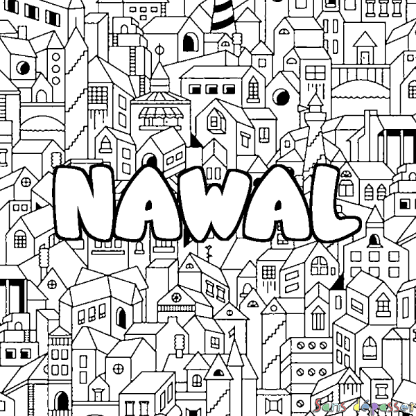 Coloriage pr&eacute;nom NAWAL - d&eacute;cor Ville
