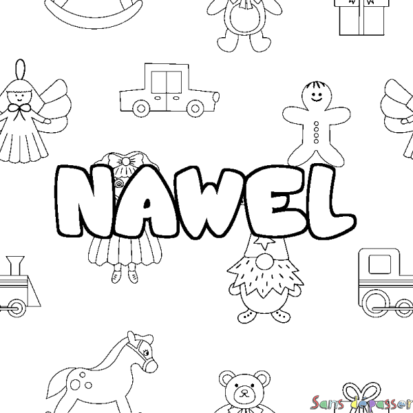 Coloriage pr&eacute;nom NAWEL - d&eacute;cor Jouets