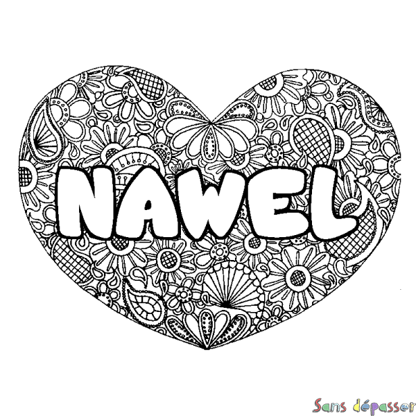 Coloriage prénom NAWEL - d&eacute;cor Mandala coeur