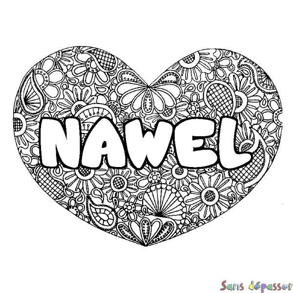 Coloriage pr&eacute;nom NAWEL - d&eacute;cor Mandala coeur