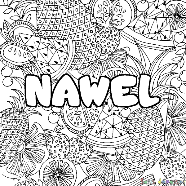 Coloriage prénom NAWEL - d&eacute;cor Mandala fruits