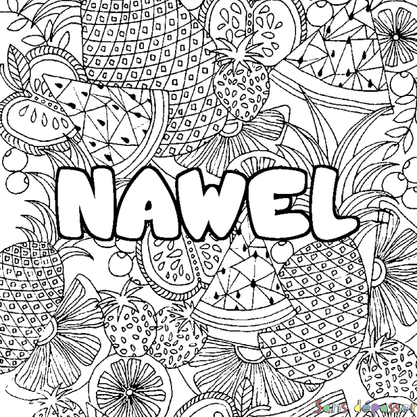 Coloriage pr&eacute;nom NAWEL - d&eacute;cor Mandala fruits
