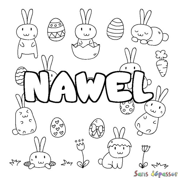 Coloriage pr&eacute;nom NAWEL - d&eacute;cor Paques