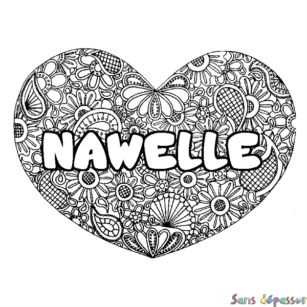Coloriage prénom NAWELLE - d&eacute;cor Mandala coeur