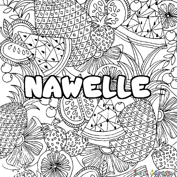 Coloriage pr&eacute;nom NAWELLE - d&eacute;cor Mandala fruits