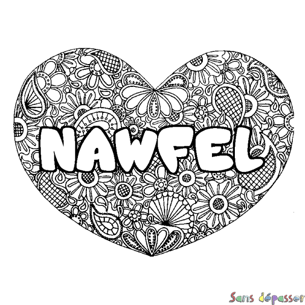 Coloriage prénom NAWFEL - d&eacute;cor Mandala coeur