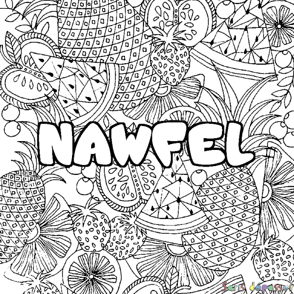 Coloriage pr&eacute;nom NAWFEL - d&eacute;cor Mandala fruits