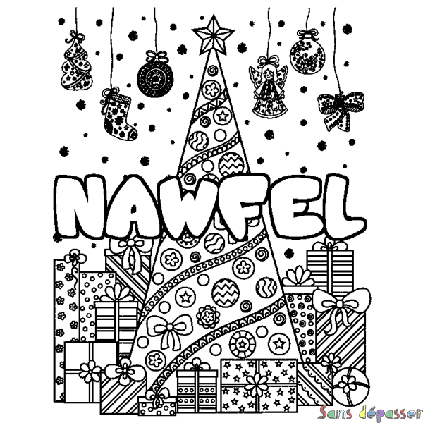 Coloriage prénom NAWFEL - d&eacute;cor Sapin et Cadeaux