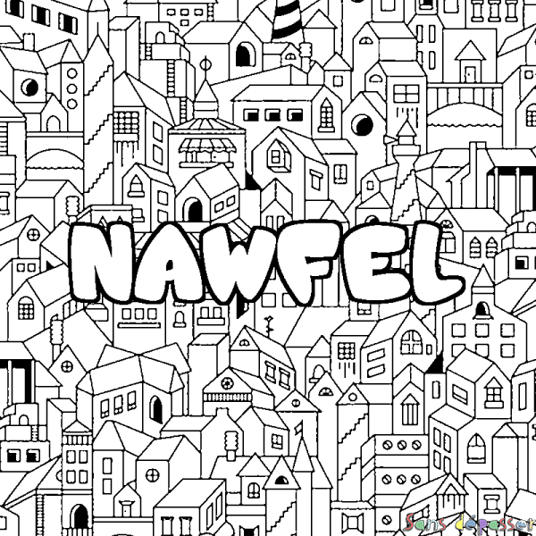 Coloriage pr&eacute;nom NAWFEL - d&eacute;cor Ville