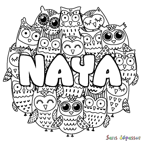 Coloriage pr&eacute;nom NAYA - d&eacute;cor Chouettes