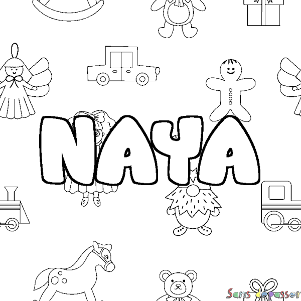 Coloriage pr&eacute;nom NAYA - d&eacute;cor Jouets