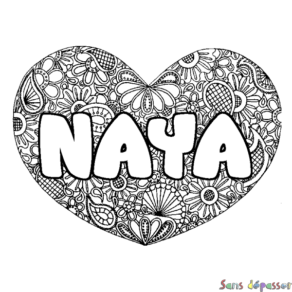 Coloriage prénom NAYA - d&eacute;cor Mandala coeur