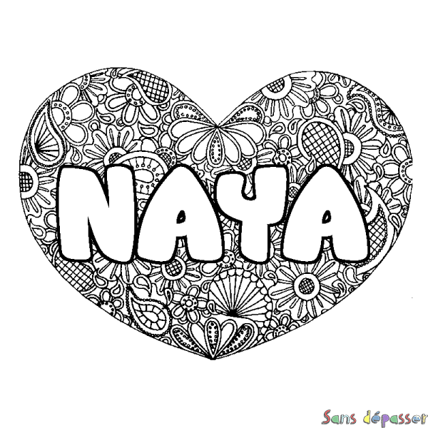 Coloriage pr&eacute;nom NAYA - d&eacute;cor Mandala coeur