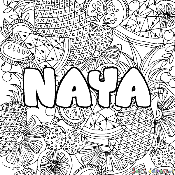Coloriage pr&eacute;nom NAYA - d&eacute;cor Mandala fruits