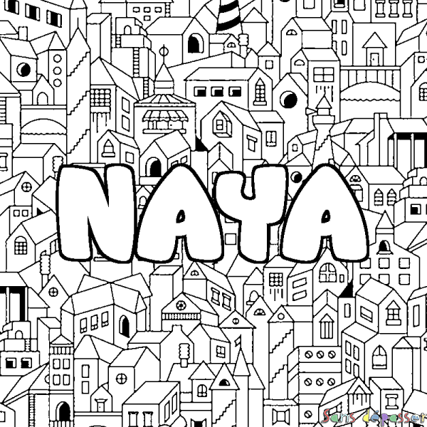 Coloriage pr&eacute;nom NAYA - d&eacute;cor Ville