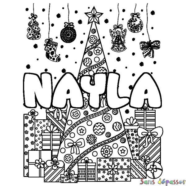 Coloriage prénom NAYLA - d&eacute;cor Sapin et Cadeaux