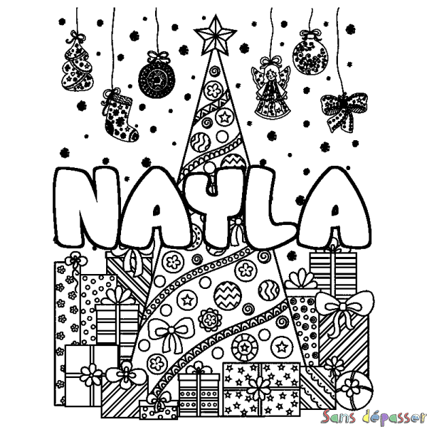 Coloriage pr&eacute;nom NAYLA - d&eacute;cor Sapin et Cadeaux