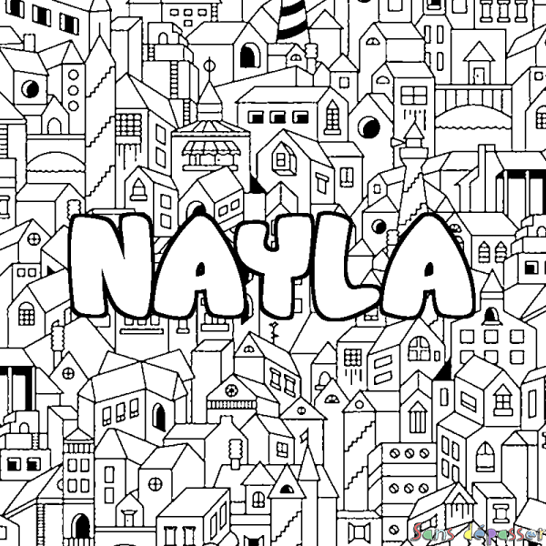 Coloriage pr&eacute;nom NAYLA - d&eacute;cor Ville