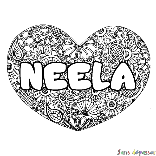 Coloriage pr&eacute;nom NEELA - d&eacute;cor Mandala coeur