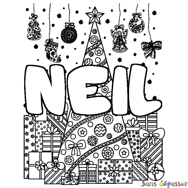 Coloriage prénom NEIL - d&eacute;cor Sapin et Cadeaux