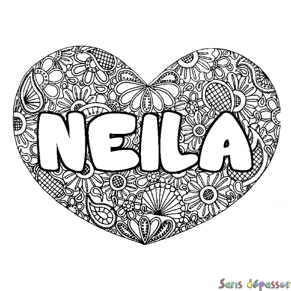 Coloriage prénom NEILA - d&eacute;cor Mandala coeur