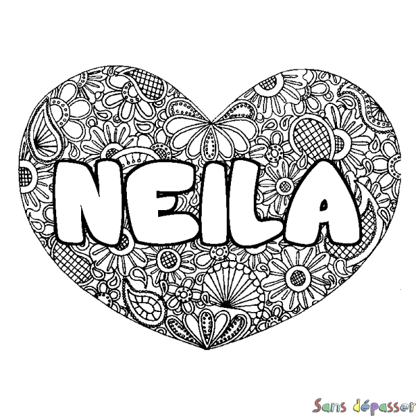 Coloriage pr&eacute;nom NEILA - d&eacute;cor Mandala coeur