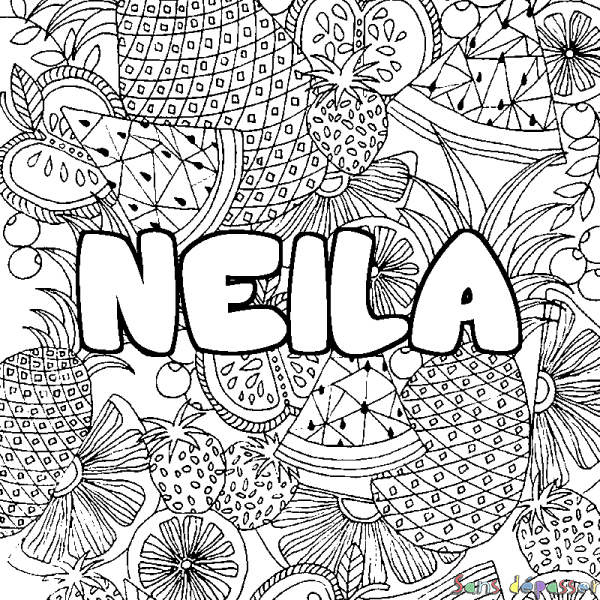 Coloriage pr&eacute;nom NEILA - d&eacute;cor Mandala fruits