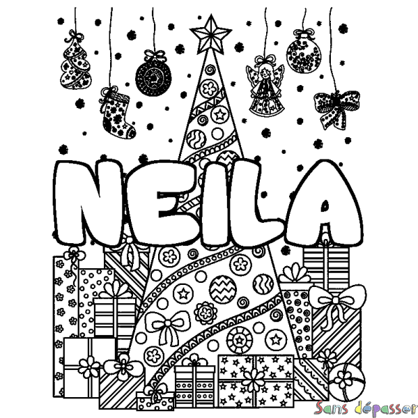 Coloriage prénom NEILA - d&eacute;cor Sapin et Cadeaux
