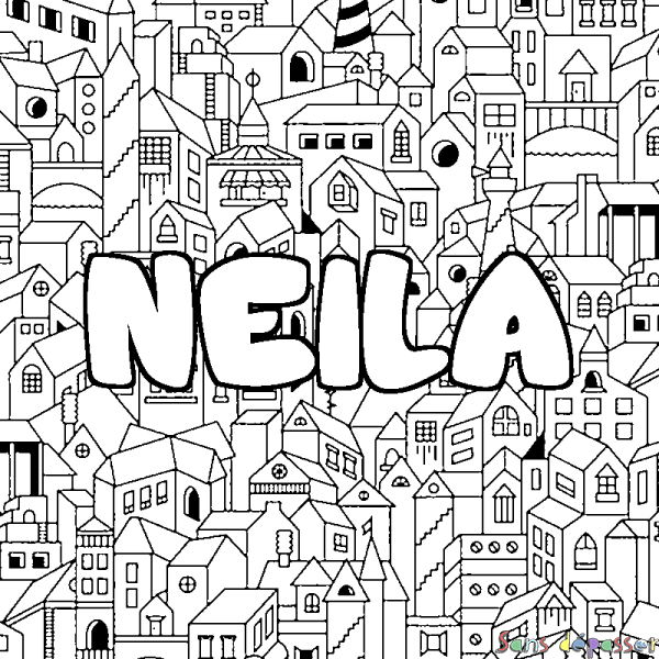 Coloriage pr&eacute;nom NEILA - d&eacute;cor Ville