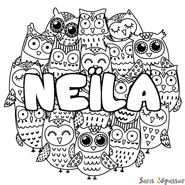 Coloriage pr&eacute;nom NE&Iuml;LA - d&eacute;cor Chouettes