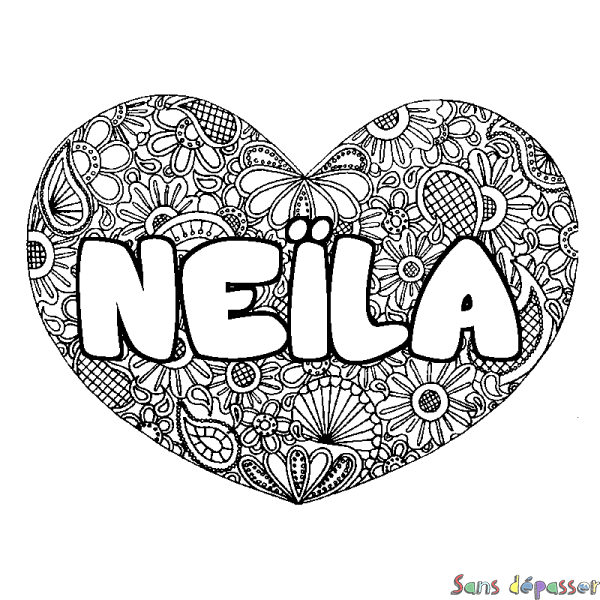 Coloriage pr&eacute;nom NE&Iuml;LA - d&eacute;cor Mandala coeur