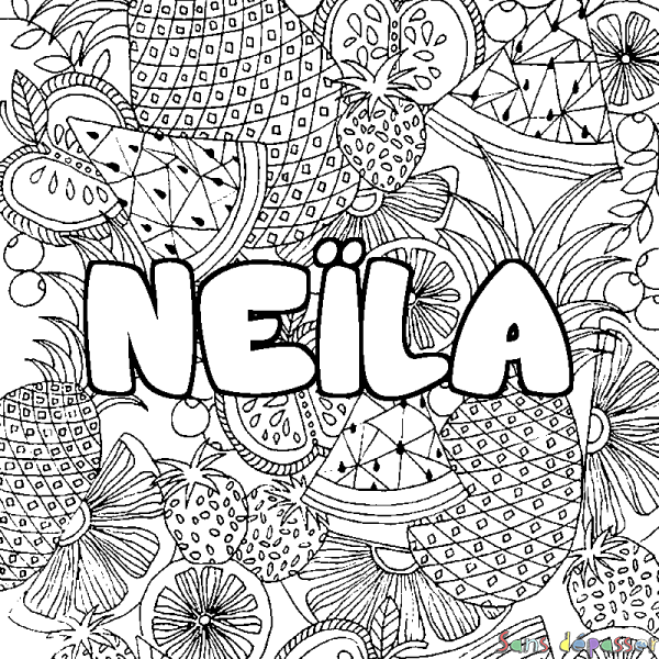 Coloriage pr&eacute;nom NE&Iuml;LA - d&eacute;cor Mandala fruits