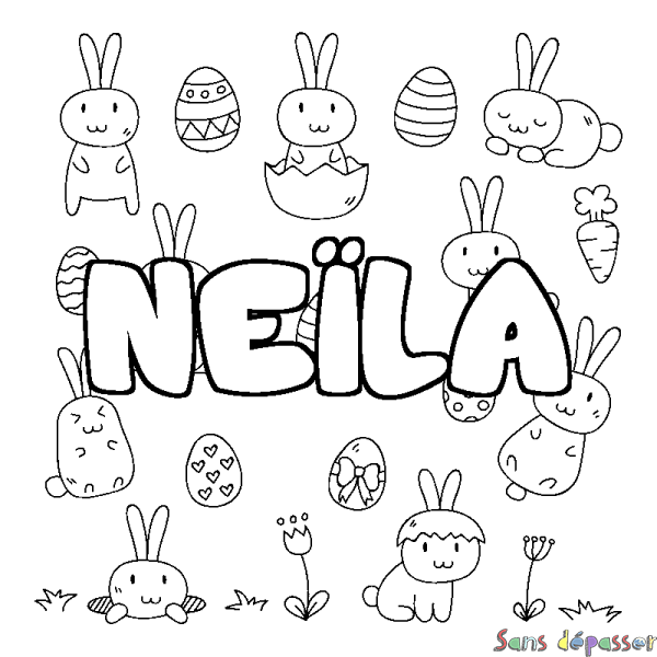 Coloriage pr&eacute;nom NE&Iuml;LA - d&eacute;cor Paques