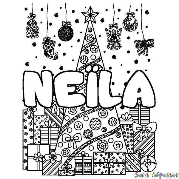 Coloriage pr&eacute;nom NE&Iuml;LA - d&eacute;cor Sapin et Cadeaux