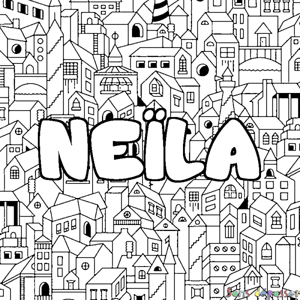 Coloriage pr&eacute;nom NE&Iuml;LA - d&eacute;cor Ville