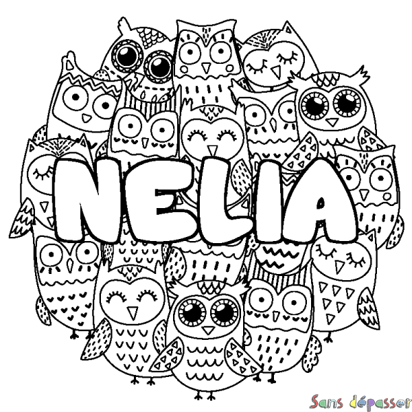 Coloriage pr&eacute;nom NELIA - d&eacute;cor Chouettes