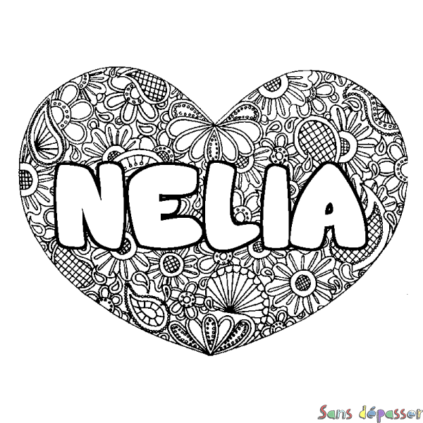 Coloriage prénom NELIA - d&eacute;cor Mandala coeur