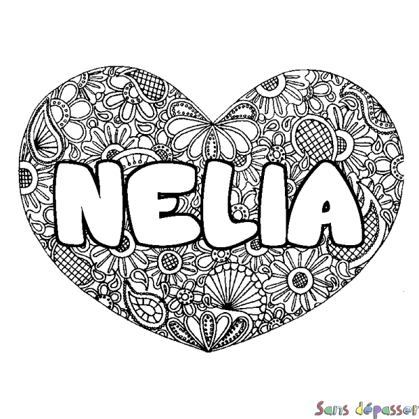 Coloriage pr&eacute;nom NELIA - d&eacute;cor Mandala coeur