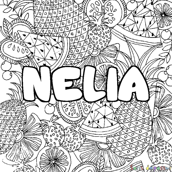 Coloriage prénom NELIA - d&eacute;cor Mandala fruits