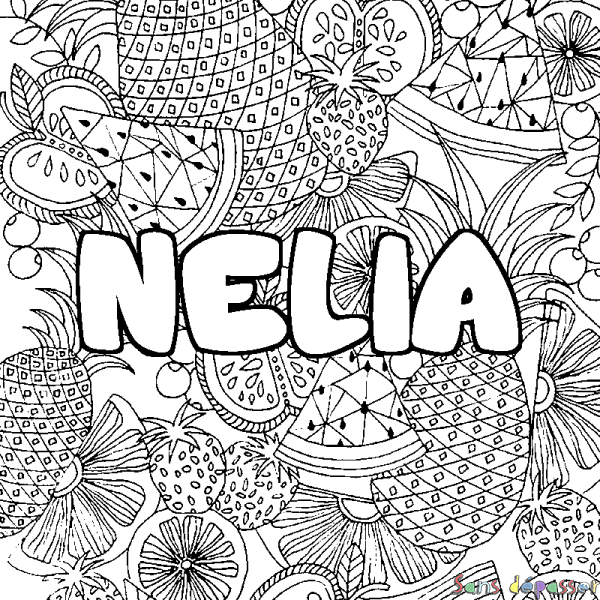 Coloriage pr&eacute;nom NELIA - d&eacute;cor Mandala fruits