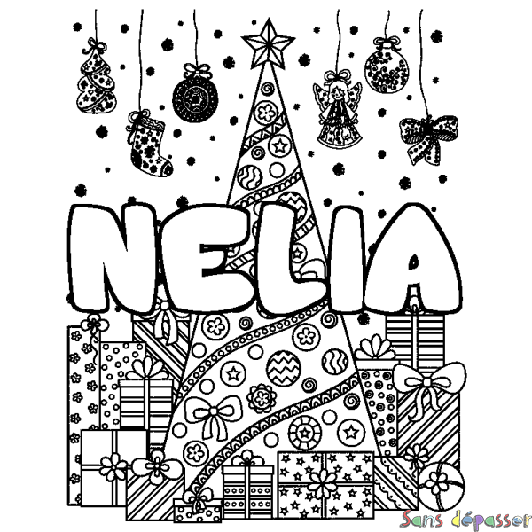 Coloriage prénom NELIA - d&eacute;cor Sapin et Cadeaux