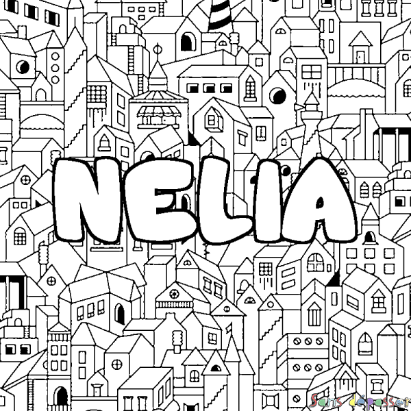 Coloriage prénom NELIA - d&eacute;cor Ville