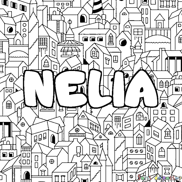 Coloriage pr&eacute;nom NELIA - d&eacute;cor Ville